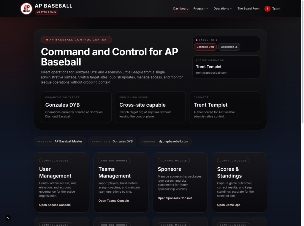 Screenshot of the AP Baseball master admin control center dashboard