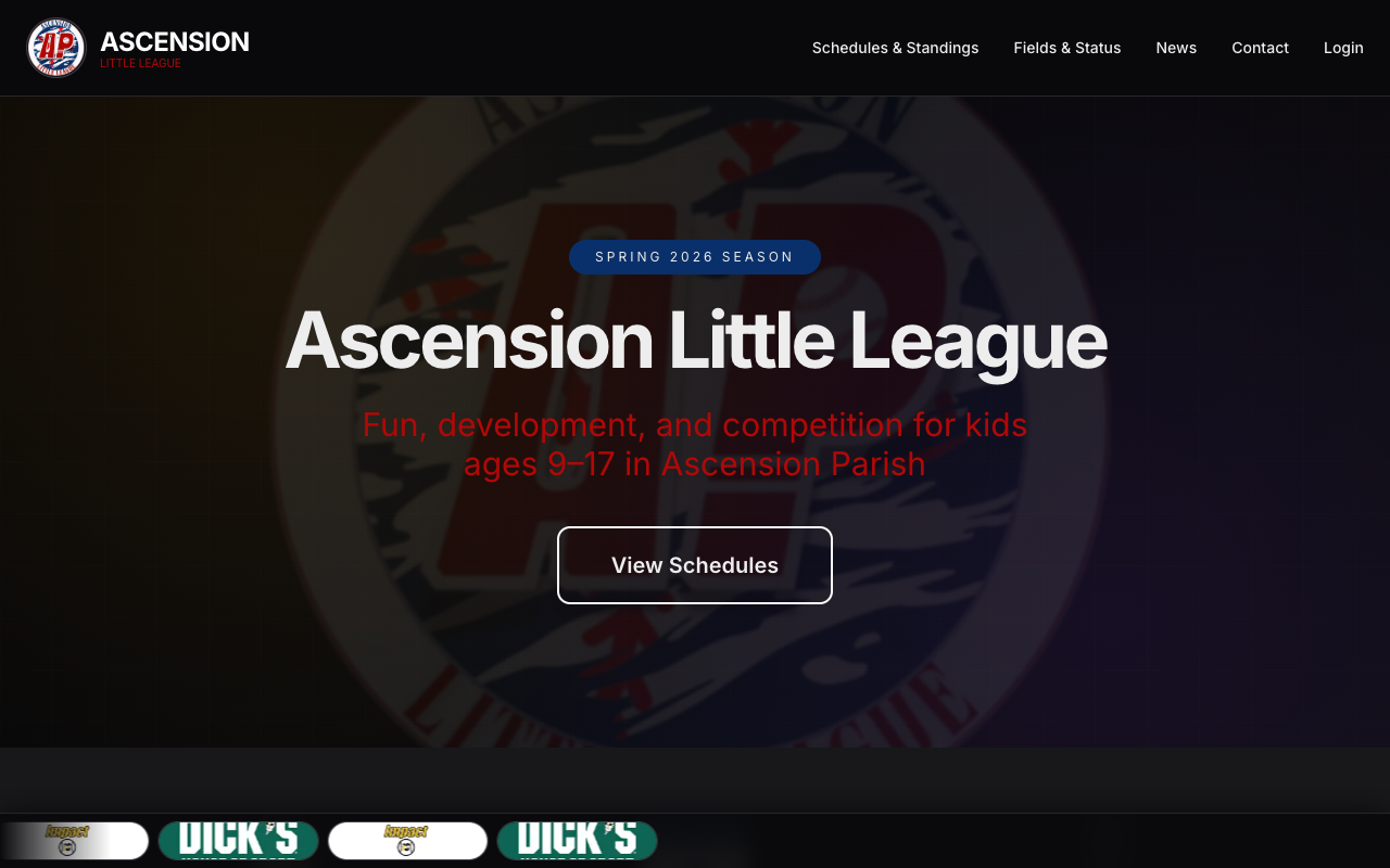 Screenshot of the Ascension Little League website homepage