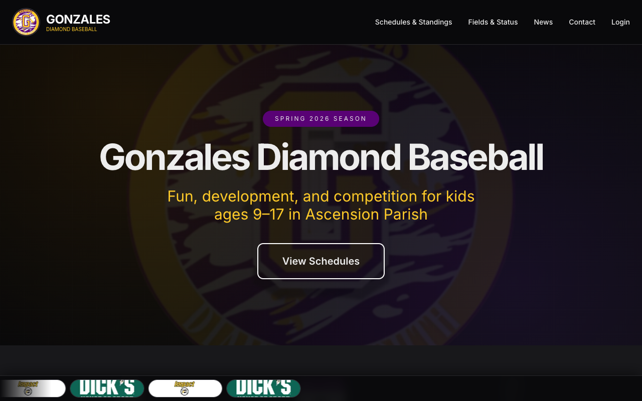 Screenshot of the Gonzales Diamond Youth Baseball website homepage